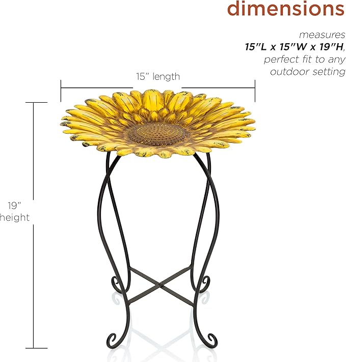 Alpine Corporation 19" H Outdoor Metal Birdbath w/Stylish Stand, Embossed Sunflower Birdbath Bowl and Stand Set, Yellow
