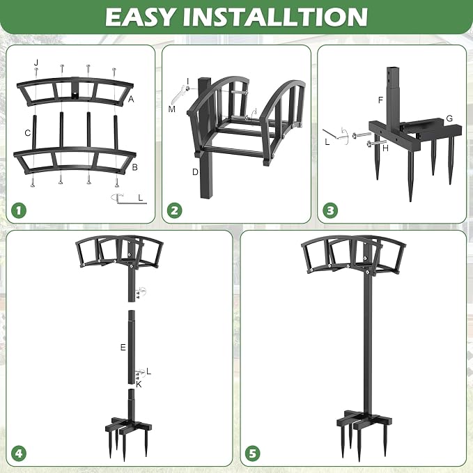 OLV Garden Hose Holder 4 Spikes, Heavy Duty Freestanding Water Hose Holder Stand Holds 150-ft Hoses, Detachable Outdoor Metal Storage Hanger Organizer Rack for Outside Yard Lawn Farm