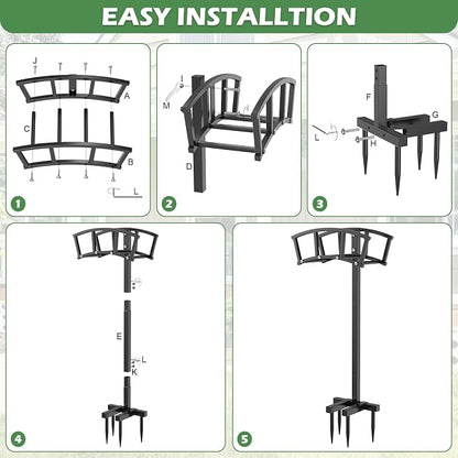 OLV Garden Hose Holder 4 Spikes, Heavy Duty Freestanding Water Hose Holder Stand Holds 150-ft Hoses, Detachable Outdoor Metal Storage Hanger Organizer Rack for Outside Yard Lawn Farm
