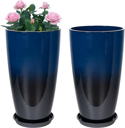 Neoaider Set of 2 Lightweight Ceramic-Look Tall Planter, 21 inch Large Plastic Planter with Drain Hole & Saucers, Large Outdoor Planters for Porch, Garden, Patio, Balcony(Dark Blue)