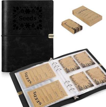 Seed Storage Organizer, Seed Packet Organizer Binder with 80Pcs Garden Seeds Storage Envelopes and 40 Clear Pocket Sheet Protectors for Protecting Vegetable Seeds (Black, 9.1 x 6.5inch)