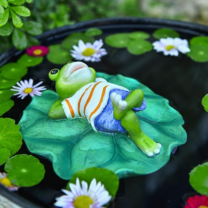 Sungmor Floating Resin Frog Figurine - Pond Decor with Water Floating Lotus Leaf and Frog Ornament - Outdoor Garden Decoration