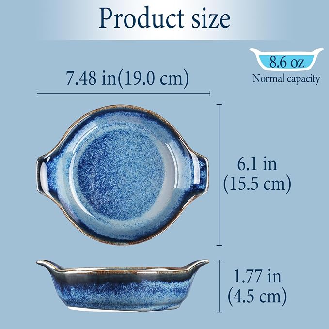 Ceramics Au Gratin baking Dishes Set of 4, Baking Tray Bake ware, 8.6 oz Ramekins, for Pie Pan, Appetizer, Tart, Dessert, Quiche, Oven Small dish, individual dishes, Round 7.5 Inch