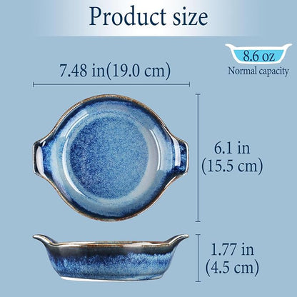 Ceramics Au Gratin baking Dishes Set of 4, Baking Tray Bake ware, 8.6 oz Ramekins, for Pie Pan, Appetizer, Tart, Dessert, Quiche, Oven Small dish, individual dishes, Round 7.5 Inch
