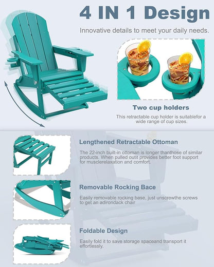 Adirondack Rocking Chairs Set of 2 with Retractable Ottoman, All Weather Folding Adirondack Chair with Two Cup Holders, Adirondack Outdoor Rocking Chairs for Porch, Patio, Balcony. Lake Blue