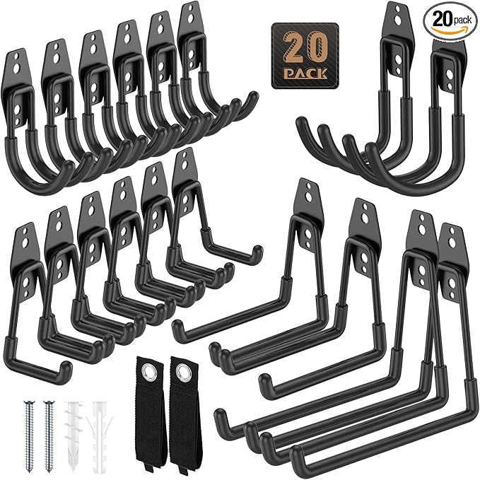 20 Pack Garage Hooks, Heavy Duty Steel Wall Mount Utility Hangers with Anti-Slip Coating for Hanging Bikes, Ladders, Power Tools, and Garden Equipment