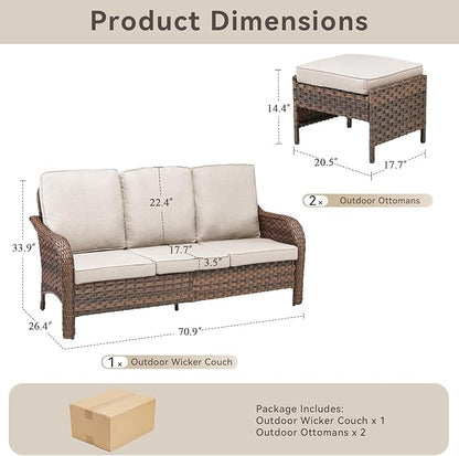 All Weather Wicker Patio Couch Set, Modern 3-Seater PE Wicker Outdoor Sofa Set with 2 Ottomans, All-Weather Thick Cushions & Curved Backrest for Patio, Balcony, Deck – Beige