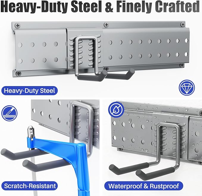 Garage Tool Organizer Wall Mount 66 inches with 13 Adjustable Heavy-Duty Hooks, Garage Organization, Garden Tool Storage Rack, Yard, and Shed, Holds Up to 520 lbs (Grey)