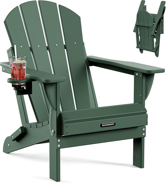 MUCHENGHY Folding Adirondack Chairs, Patio Chairs, Lawn Chairs, Outdoor Chairs, Adirondack Chair Plastic, Fire Pit Chairs, Weather Resistant with Cup Holder for Deck, Backyard, Garden(Green)