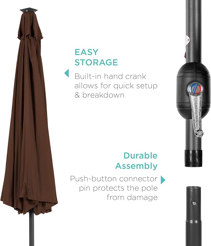 Best Choice Products 10ft Solar Polyester LED Lighted Patio Umbrella w/Tilt Adjustment and UV-Resistant Fabric - Brown