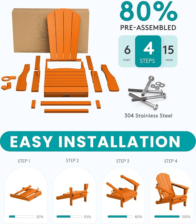 SERWALL Folding Adirondack Chair Set of 4, Weather Resistant HIPS Patio Chairs with Cup Holder for Patio Garden Outdoors Fire Pit Chairs- Orange