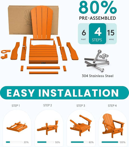 SERWALL Folding Adirondack Chair Set of 4, Weather Resistant HIPS Patio Chairs with Cup Holder for Patio Garden Outdoors Fire Pit Chairs- Orange