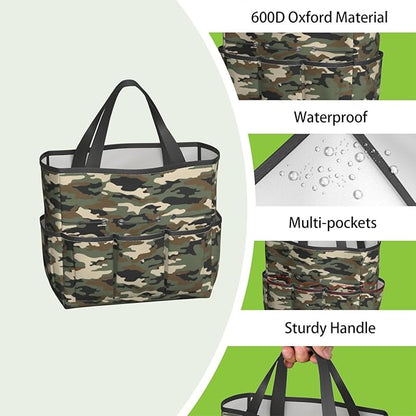 Green Camo Garden Tool Bag - Waterproof Garden Tote with 8 Pockets, Large Storage Home Organizer Gardening Tool Oxford Bag for Garden Tools Kits Holder, Ideal Outdoor Gardening Gift for Women & Men