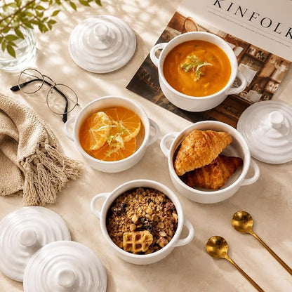 Mini Dutch Oven Set of 4, 14 oz Ceramic Mini Dutch Ovens with Lids and Handles, Ramekins with Lids for French Onion Soup, Pot Pies, Soufflés and Baked Desserts, Oven Safe, Microwave and Dishwasher Safe, Mini Cocotte