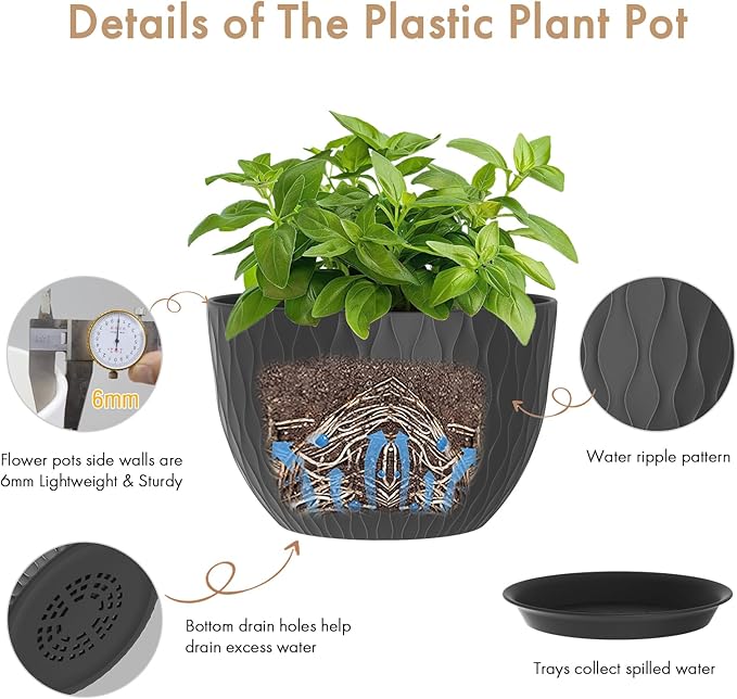 WSMKSZ 12 Inch Large Plant Pots for Indoor or Outdoor Plants, Wide Water Ripples Flower Pots with Drainage Holes & Saucer, Plastic Planters Set for Garden & Home Decor (Black)