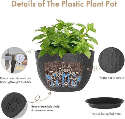 WSMKSZ 12 Inch Large Plant Pots for Indoor or Outdoor Plants, Wide Water Ripples Flower Pots with Drainage Holes & Saucer, Plastic Planters Set for Garden & Home Decor (Black)