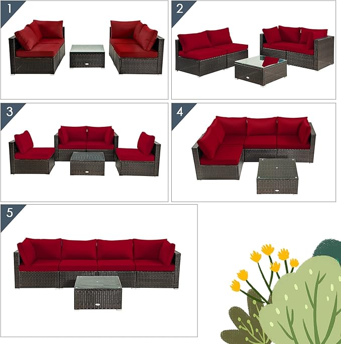 HAPPYGRILL 5-Piece Patio Furniture Set Outdoor Rattan Wicker Sofa Set with Coffee Table Sectional Sofa Conversation Set with Pillows Cushions for Backyard Porch Garden Poolside