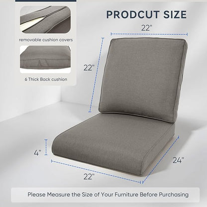 Patio Chair Cushions 6 Packs - Outside High Back Thick Water-Resistant Cushion 22x24 with Zipper Cover for Outdoor Glider Rocking Chairs Loveseat 3-Seater Couch Sofa – Grey/Regular