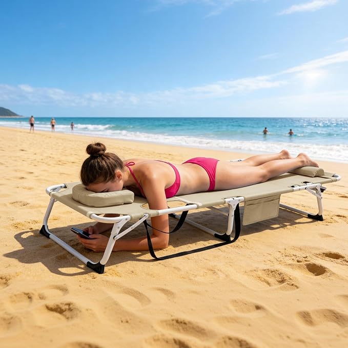 ABORON 3-in-1 Tanning Chair, 5-Position with Face and Arm Holes | 5-position reclining chair includes a removable mat, pillow, face hole and arm slots; folds flat for beach or patio use.