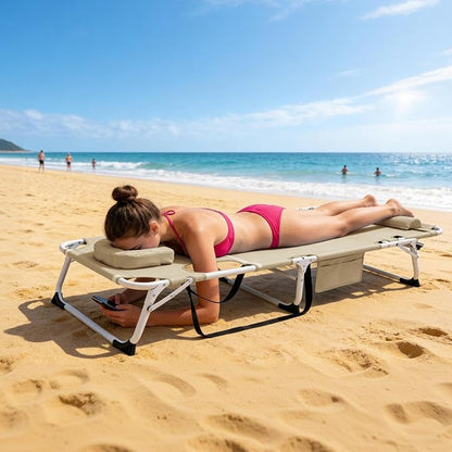 ABORON 3-in-1 Tanning Chair, 5-Position with Face and Arm Holes | 5-position reclining chair includes a removable mat, pillow, face hole and arm slots; folds flat for beach or patio use.