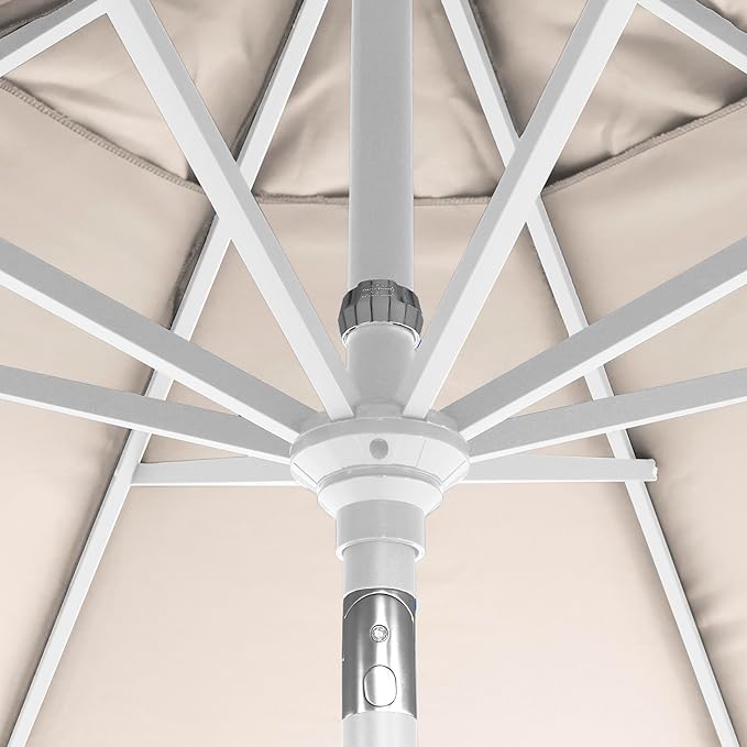 California Umbrella 5-Year-Non-Fading, 9Ft Premium Patio Umbrella, Hand-Crank, Button-Tilt, White Frame, Solution Dyed Beige Fabric