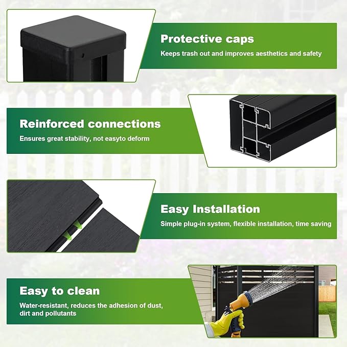 Mondaria Privacy Fence for Outside, 6ftx6ft Outdoor Privacy Panels with In-ground Post, Wind Resistant Wood Plastic Composite Fencing for Patio, Backyard, Garden and Swimming Pool (Black with 2 posts)