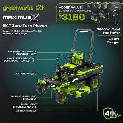 Greenworks 60V 54" Zero Turn,(2) 20.0Ah+(2) 8.0Ah+(2) 4.0Ah Batteries+Wall Charger