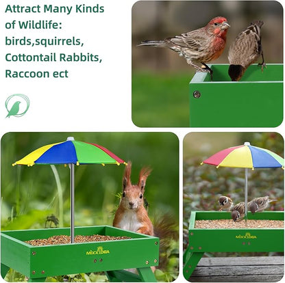 MIXXIDEA Ground Bird Feeder for Outdoors Bird&Squirrel Feeder Wooden Chicken Picnic Table Platform Feeder Wild Bird Feed Crow Feeder for Outside with 5 LBS Capacity