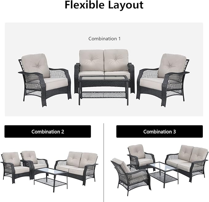 HAPPYGRILL 4 Pieces Patio Conversation Set Outdoor Rattan Sofa Set with Cushions and Coffee Table with Storage Shelf, Rattan Wicker Patio Furniture Set for Backyard Garden Poolside
