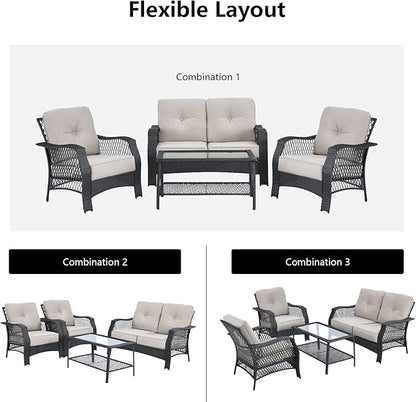 HAPPYGRILL 4 Pieces Patio Conversation Set Outdoor Rattan Sofa Set with Cushions and Coffee Table with Storage Shelf, Rattan Wicker Patio Furniture Set for Backyard Garden Poolside