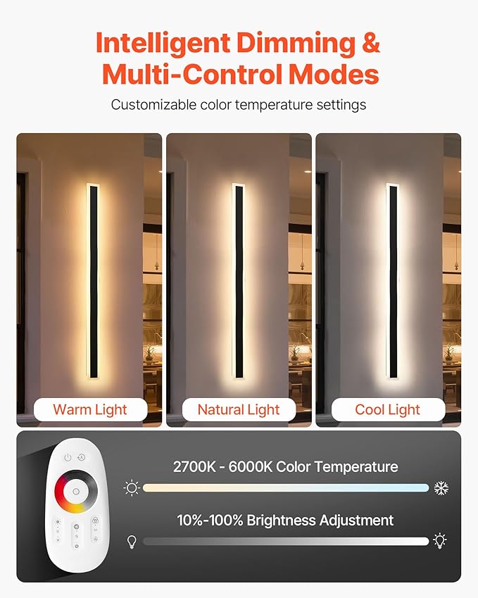 VEVOR Outdoor Wall Lights, 2 Pack, 39.4 Inch Long RGB Modern Exterior Wall Sconce Light Fixtures, 2700K-6000K, IP65 Waterproof Anti-Rust, Dimmable Outside Wall Mount Lighting, for House Porch Garage