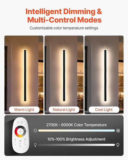 VEVOR Outdoor Wall Lights, 2 Pack, 39.4 Inch Long RGB Modern Exterior Wall Sconce Light Fixtures, 2700K-6000K, IP65 Waterproof Anti-Rust, Dimmable Outside Wall Mount Lighting, for House Porch Garage
