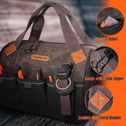 WELKINLAND 18 Pockets Electrician Tools Bag,14" Heavy Duty Plumber Tool Bags, Waxed Canvas Tools Bags, Large-Opening Tool Bags For Men, 25L Hand Tools Bag With Zipper