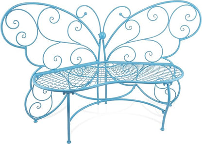 Alpine Corporation BAZ400BL Indoor Outdoor Metal Butterfly Shaped Garden Bench, 62" Long, Blue