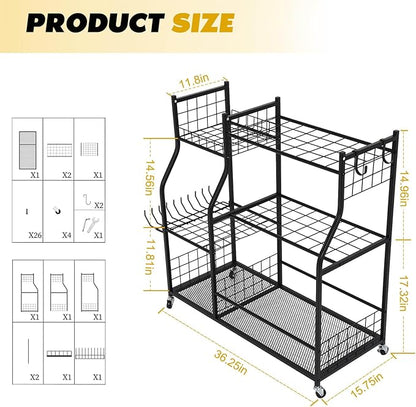 Garden Tool Organizer Rolling Cart Large Capacity Rust-Resistant Metal Tool Cart with Wheels Hooks Garage Shed Yard Outdoor Storage Rack Suitable for Long-Handled Tools/Rakes/Shovels