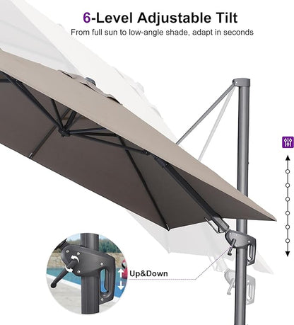 PURPLE LEAF 8' X 8' Swivel Outdoor Patio Aluminum Umbrella with Base Left-right Tilting Cantilever Offset Umbrella with UV Resistant Heavy Duty Fabric for Deck Pool Patio Backyard, Ash Mocha