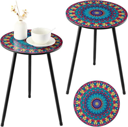 2 Pack Metal Mosaic Round Side Tables 13.4" Small Outdoor Patio Round Accent Coffee Tables Indoor Corner Stand for Small SpacesWeather-Resistant for Balcony, Porch Plant Stands Indoor, Rainbow Mandala