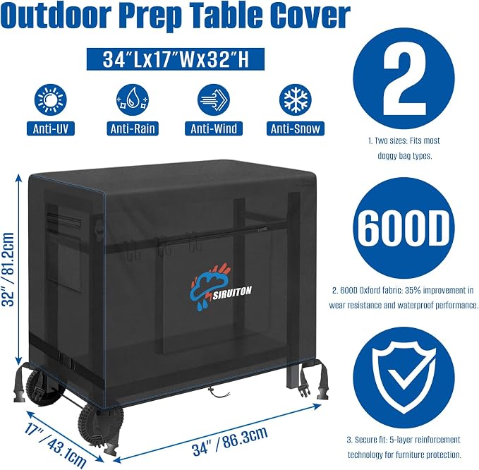 SIRUITON Outdoor Bar Cart Cover for 34 Inch Portable Outdoor Table, Heavy Duty 600D Oxford Fabric Outdoor Waterproof BBQ/Worktable Metal Movable Table Cover