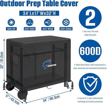 SIRUITON Outdoor Bar Cart Cover for 34 Inch Portable Outdoor Table, Heavy Duty 600D Oxford Fabric Outdoor Waterproof BBQ/Worktable Metal Movable Table Cover