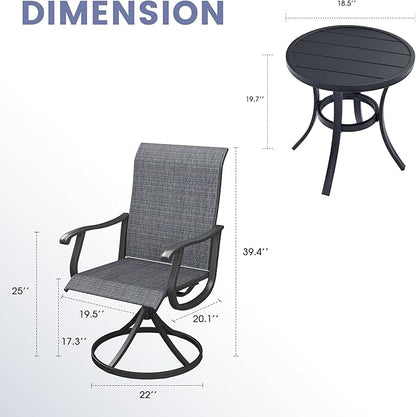 VICLLAX 3 Pieces Small Outdoor Furniture, 2 Patio Swivel Chairs and Small Round Outdoor Table for 2, Dark Charcoal Chairs & Black