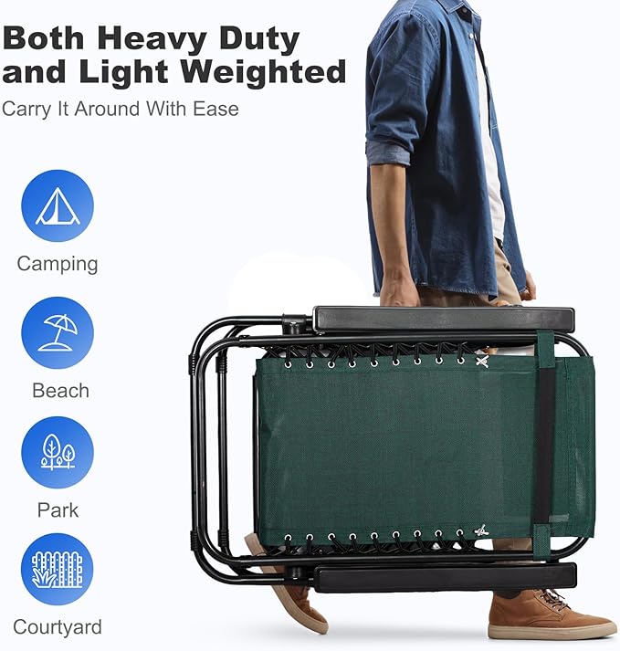 Nazhura Set of 2 Relaxing Recliners Patio Chairs Adjustable Steel Mesh Zero Gravity Lounge Chair Beach Chairs with Pillow and Cup Holder (Dark Green)