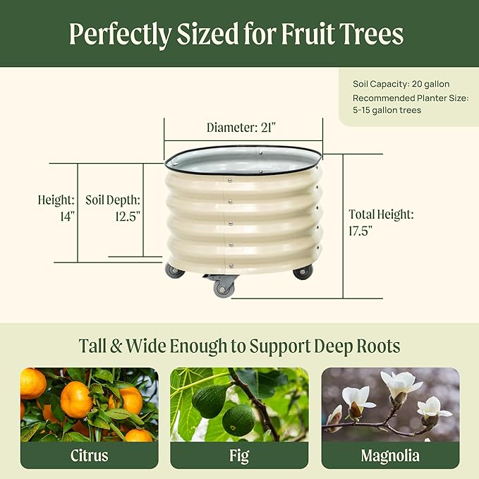 Rolling Metal Citrus Tree Planter Pot, 21″ Round Planter Box for Porch Patio & Backyard, 20 Gallon Large Planter Pot with Wheels for Growing Olive Trees Tomatoes Vegetables Flowers, 2 Pack Olive Green