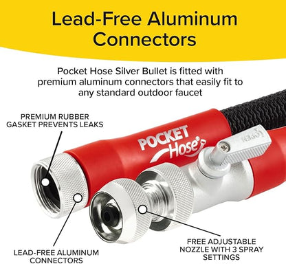 Pocket Hose 25 FT Silver Bullet 2.0 Expandable Garden Hose w/Turbo Shot Nozzle, AS SEEN ON TV, Lead-Free, Solid Aluminum Connectors, Easy On/Off Valve, Kink-Free, Leak-Proof