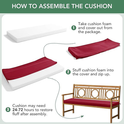 Summsun Outdoor Bench Cushion: Waterproof and Fade Resistant Patio Furniture Cushions - Non-Slip Bench Pad Cushion with Removable Cover for Garden Swing Porch Sofa Settee, 42 x 18 Inch, Burgundy