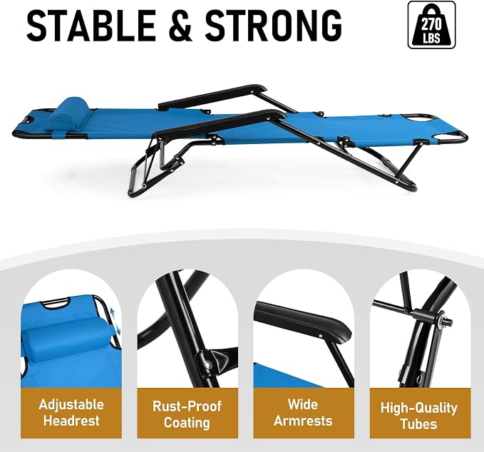 HOMSUPPLIE'S Outdoor Folding Chaise Lounge Chair, Zero Gravity Chair, Patio Sun Lounger Reclining Beach Chair Sun Patio Pool Lawn Recliner Chair with Adjustable Pillow (Blue)