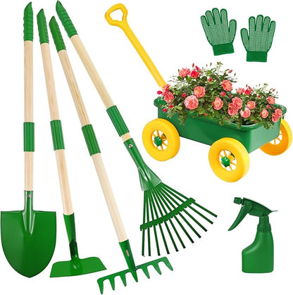 Duckura Kids Gardening Tools Set - 7pcs Wheelbarrow Set Outdoor Toy for Kids with Shovel, Rake, Leaf Rake, Yard Digging Weed Toys, Easter Birthday Gifts for Boys Girls Age 2 3+Years Old(Yellow)