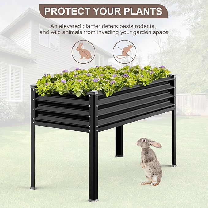 Raised Garden Bed with Legs, 48×24×32in Galvanized Raised Garden Beds Outdoor Elevated Metal Planter Box for Gardening Vegetables Flowers Herb-Black