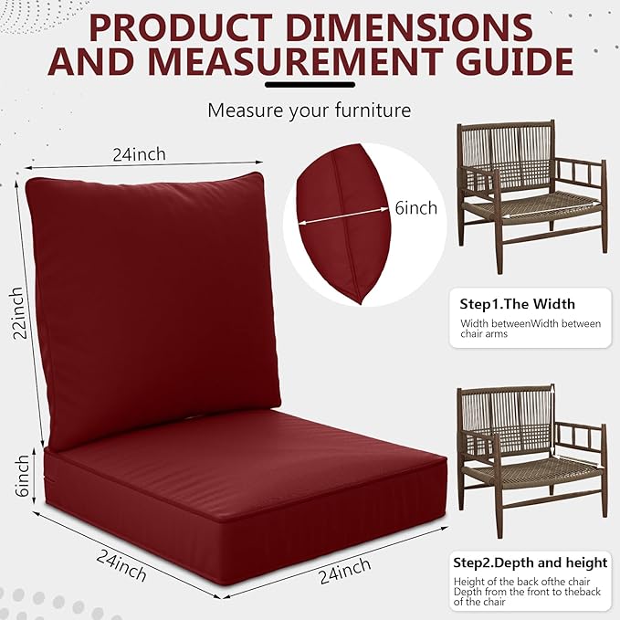 24" x 24" x 6" Outdoor Deep Seat Cushions Set - 4 Set Waterproof & Fade Resistant Patio Furniture Replacement Cushions, Non-Slip Outdoor Cushions Fit Loveseats, Couches, Chairs, and Sofas.