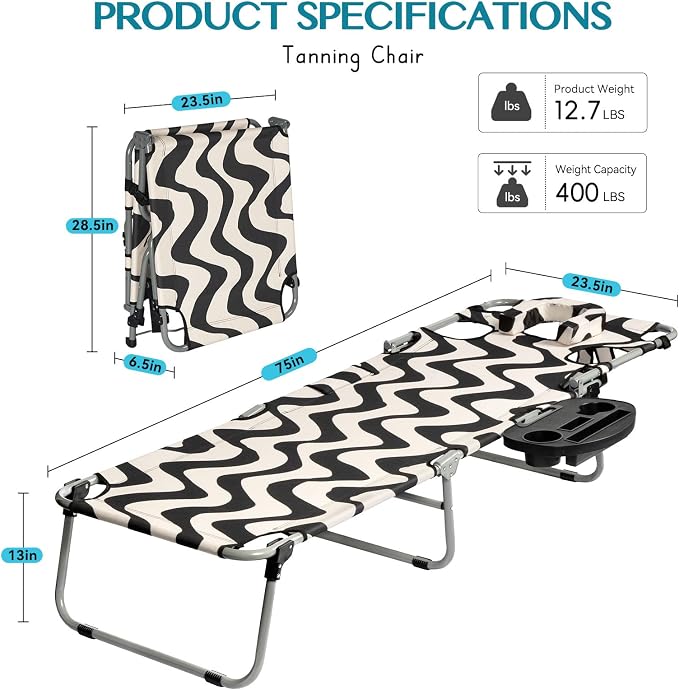 Tanning Chair with Face Hole for Adults, Outdoor Folding Lounge Chair with Side Table for Phone Drinks and Tablet, 4 Position Adjustable Backrest, Lay Flat Chaise Lounger for Beach Patio Pool
