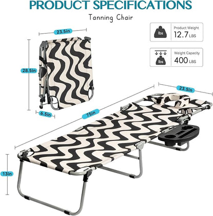 Tanning Chair with Face Hole for Adults, Outdoor Folding Lounge Chair with Side Table for Phone Drinks and Tablet, 4 Position Adjustable Backrest, Lay Flat Chaise Lounger for Beach Patio Pool